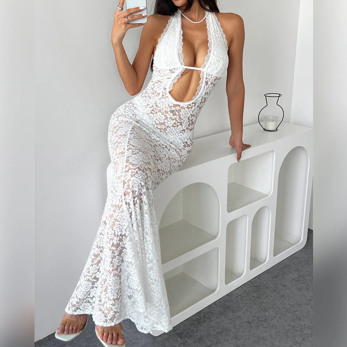 See Through Sexy Maxi Dress Woman Summer Sleeveless Hollow Out Long Dress Elegant Party Clubwear Skinny Lace Matching Outfits