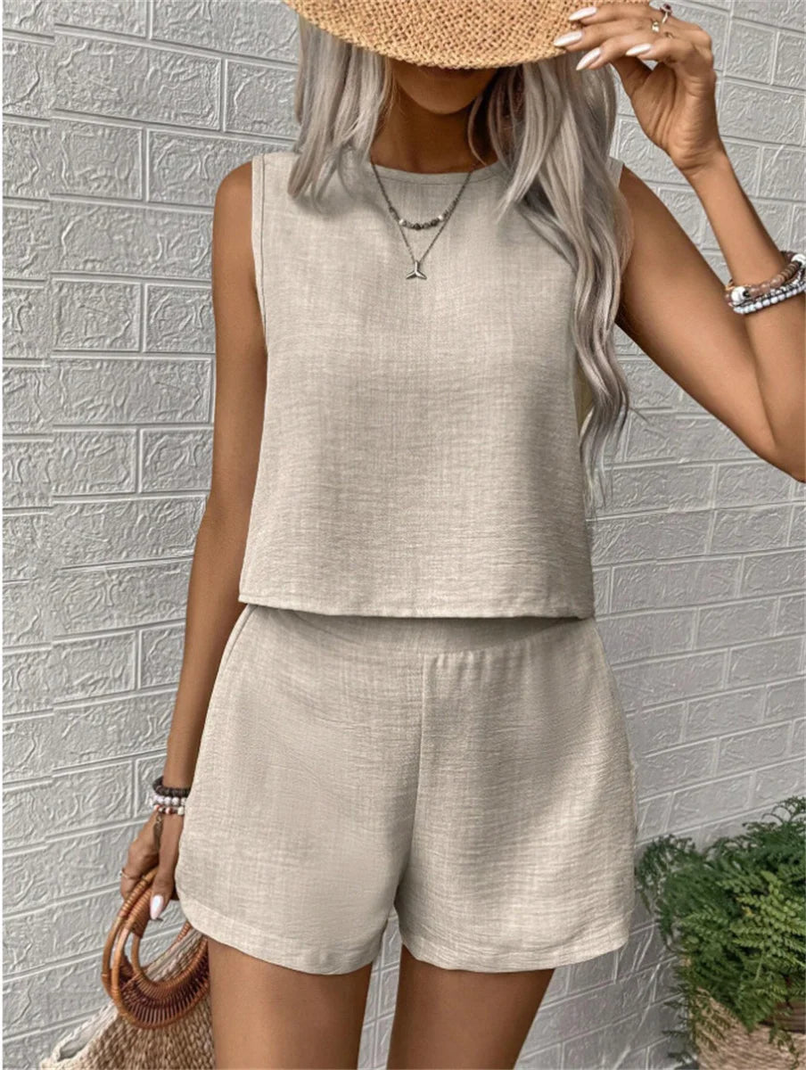 Solid Color Top and Shorts Set Vacation Leisure Women Sleeveless Vest Shorts Suit Casual Solid O Neck Two Piece Sets Lady Outfit