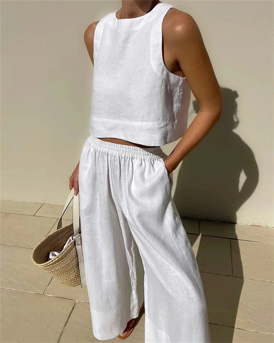 Women Sleeveless O-Neck Tank Top Wide Leg Pants Two Piece Sets Casual Solid Suits Elegant Office Ladies Loose Summer Outfits