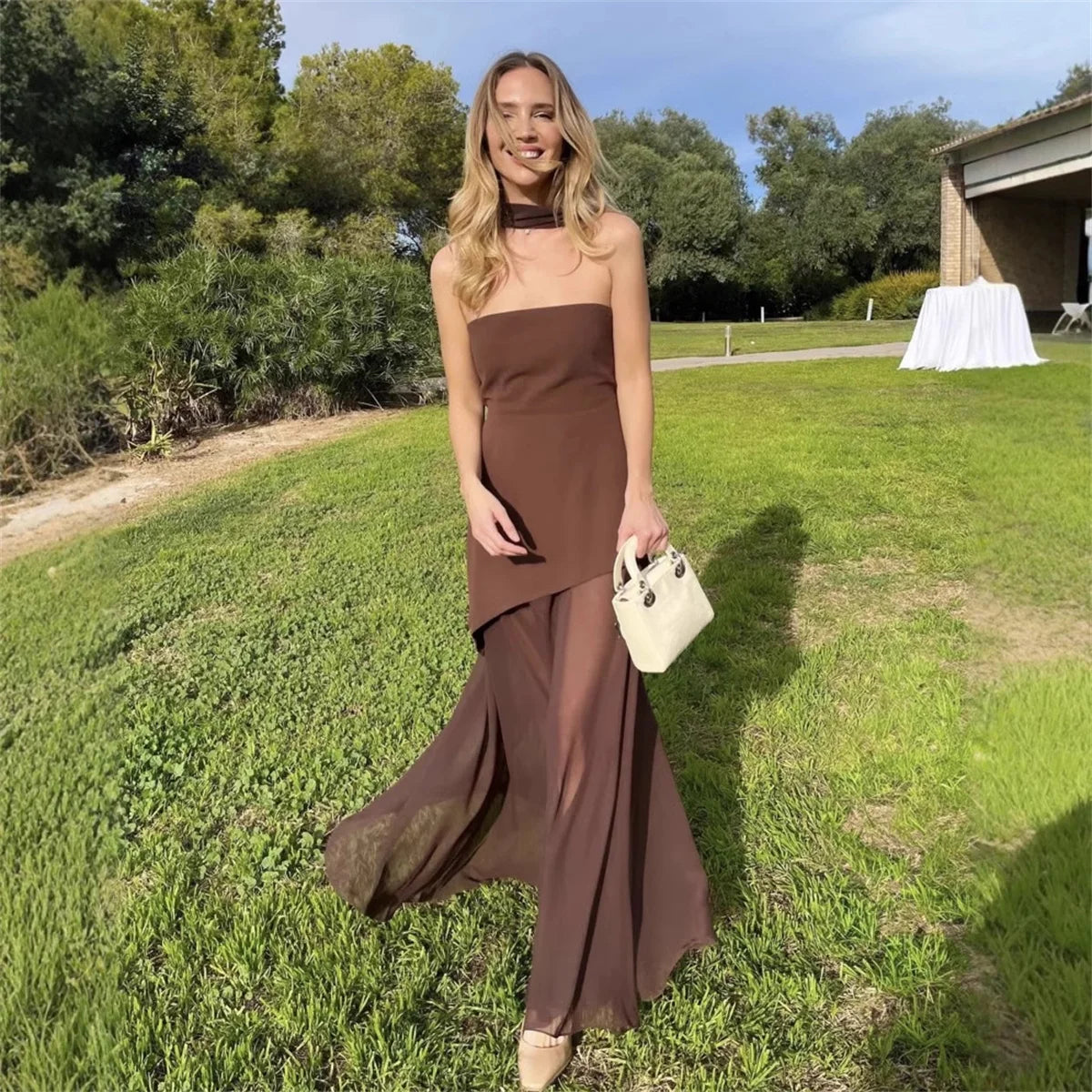 Fashion Strapless Dress With Ribbon Female Elegant Sleeveless Patchwork Mesh Beach Vacation Long Dress 2025 Summer New Dress