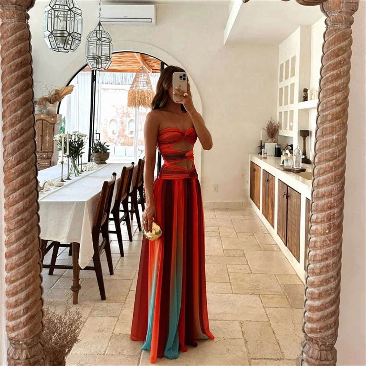 Tie-dye Gradient Hollow Out Women's Maxi Dress Elegant Off Shoulder A-line Hem Long Dresses New Summer 2025 Holiday Female Robes