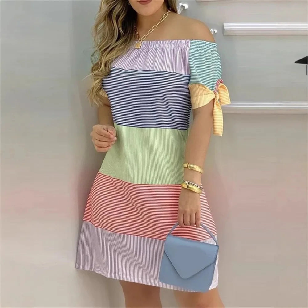 Fashionable Sexy Women's Print Dress Women's Word Shoulder Short -sleeved A -line Dress Ladies Off The Shoulder Mini Dresses